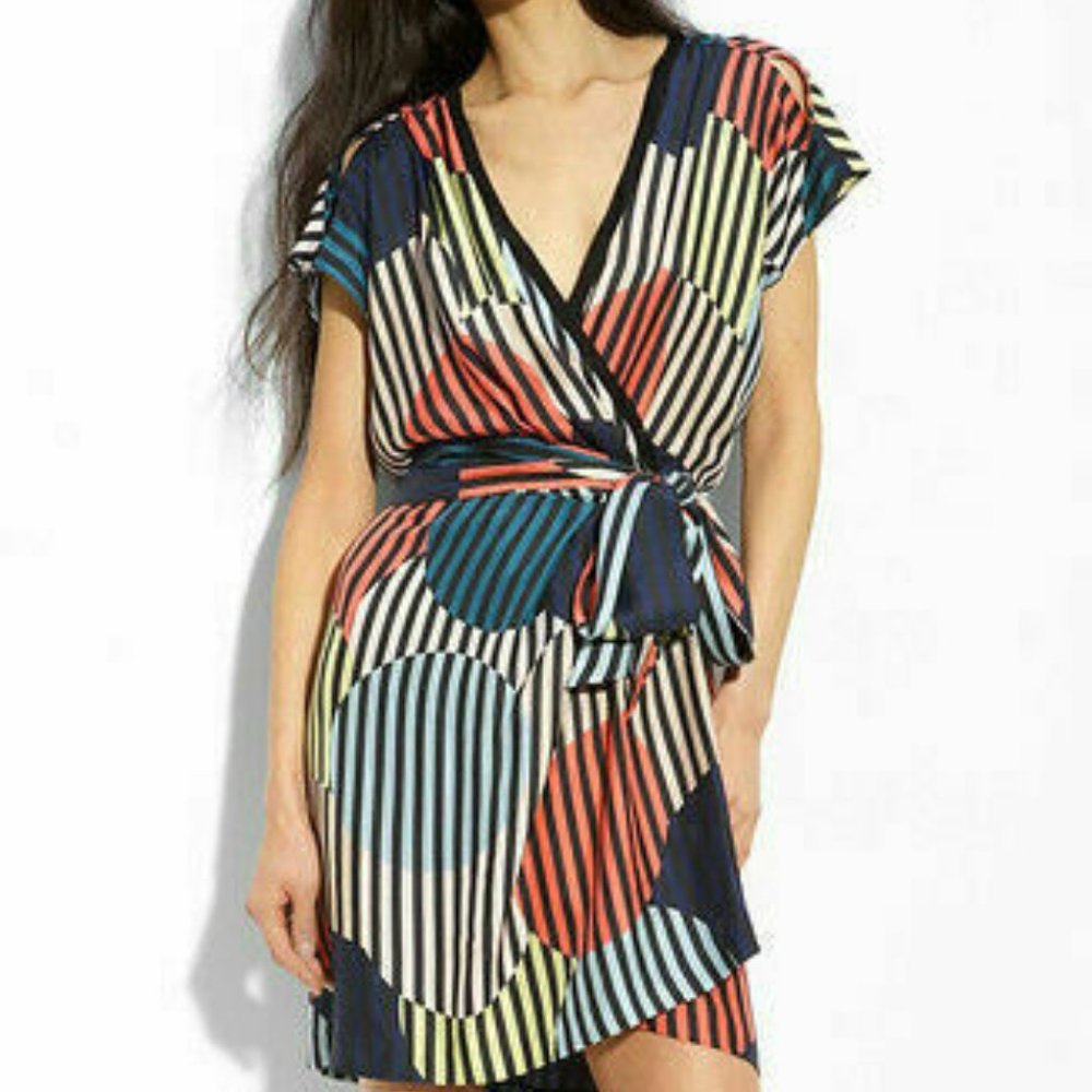 Diane Von Furstenberg Navy Multi-Color Striped & Polka Dot Wrap Mini Dress